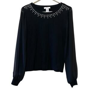 Halson Black Embellished Collar Lightweight Sweater with Sheer Balloon Sleeves